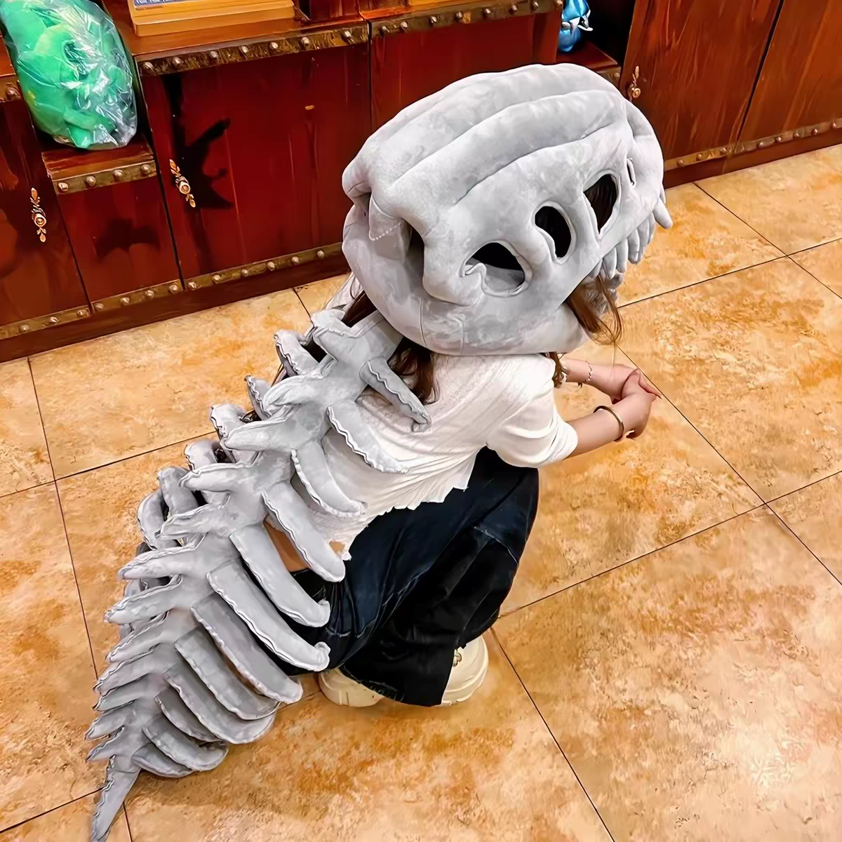 Dino Skeleton Plush Costume & Hood – Ultra-Soft 3D Dinosaur Skeleton Onesie for Kids & Adults