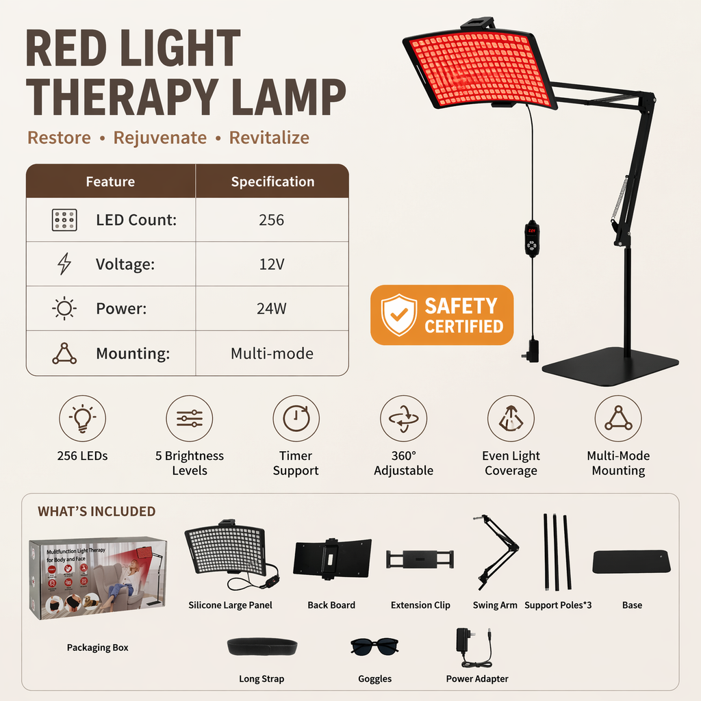 256-LED Red Light Lamp – 5 Levels, Timer, 360° Adjustable