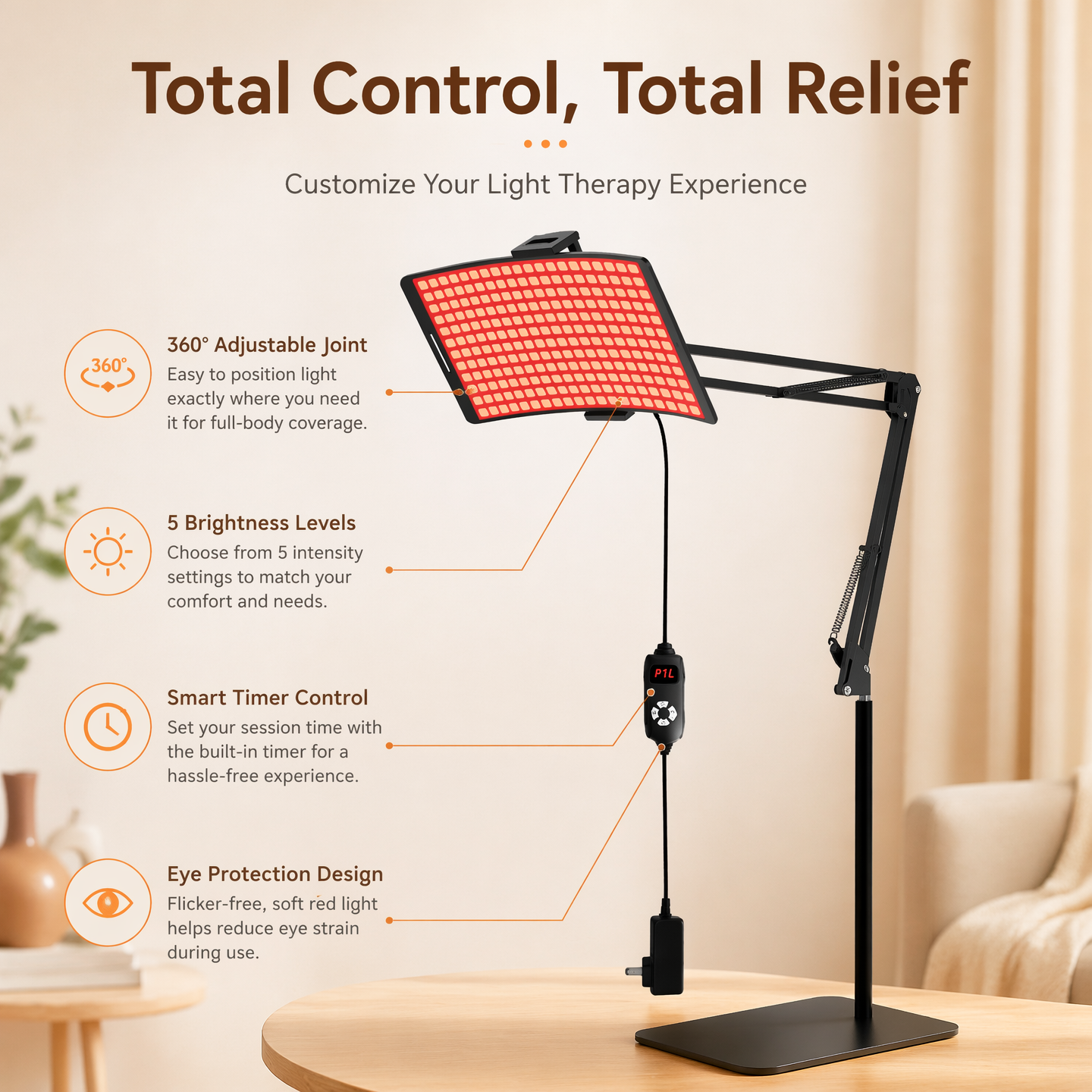 256-LED Red Light Lamp – 5 Levels, Timer, 360° Adjustable