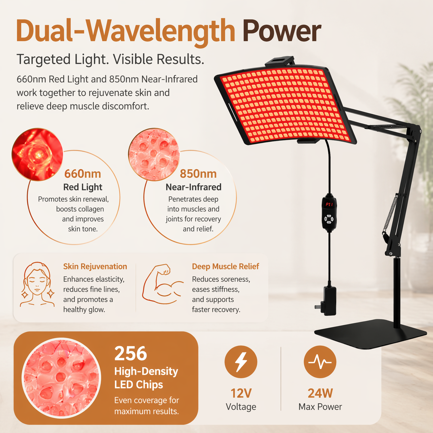 256-LED Red Light Lamp – 5 Levels, Timer, 360° Adjustable